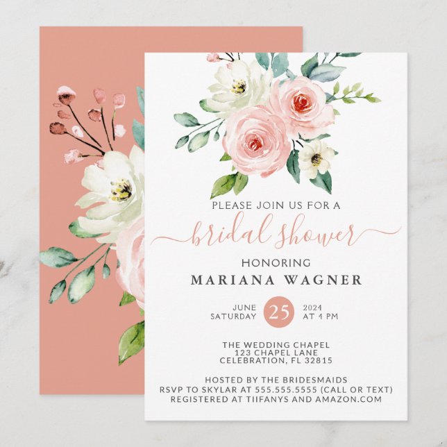 Invitación Peach White Watercolor Floral Brillante Invita (Anverso / Reverso)