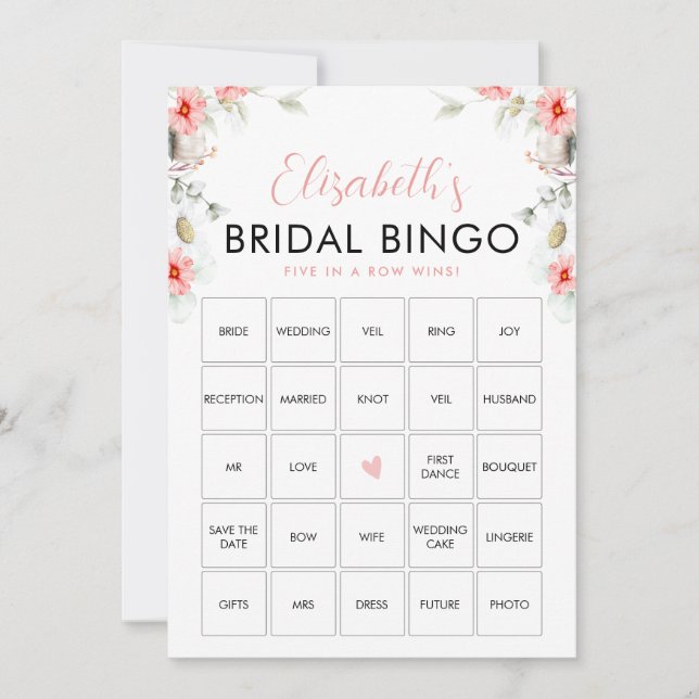 Invitación Peach Wildflowers Bingo Bridal Shower Game Card (Anverso)