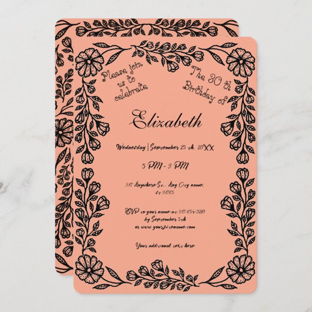 Invitación Peach y Black Botanical Floral 30 cumpleaños (Anverso / Reverso)