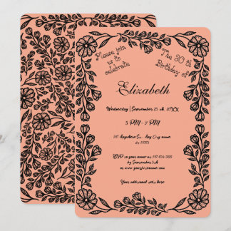 Invitación Peach y Black Botanical Floral 30 cumpleaños
