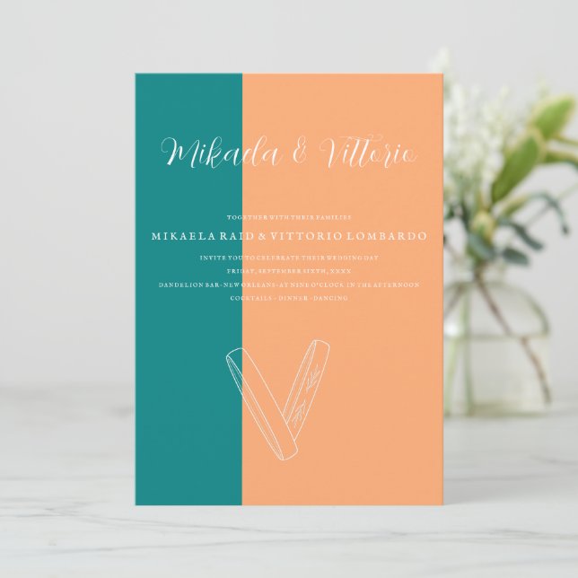 Invitación Peach y boda Verde azulado (Anverso de pie)