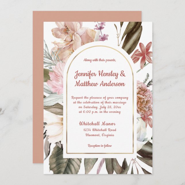 Invitación Peach y Terracota Rustic Floral Boda I (Anverso / Reverso)