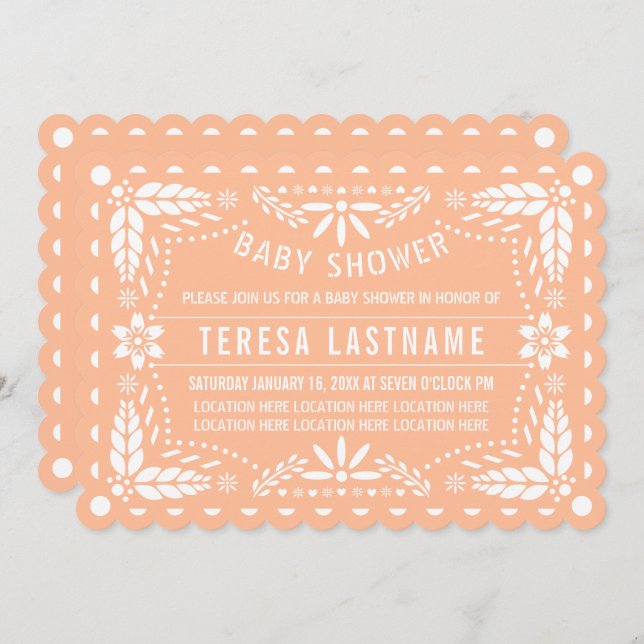 Invitación Peach y white papel picante bebé ducha de niña (Anverso / Reverso)