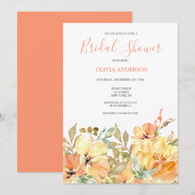 Invitación Peach Yellow Floral Bridal Shower (Anverso / Reverso)