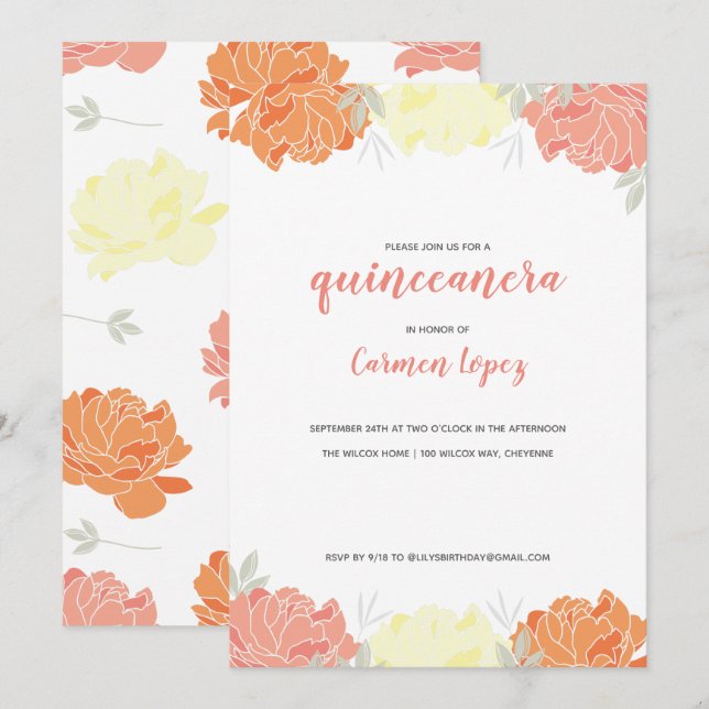 Invitación Peach Yellow & Naranja Peonies Quinceanera Fiesta (Anverso / Reverso)