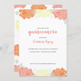Invitación Peach Yellow & Naranja Peonies Quinceanera Fiesta