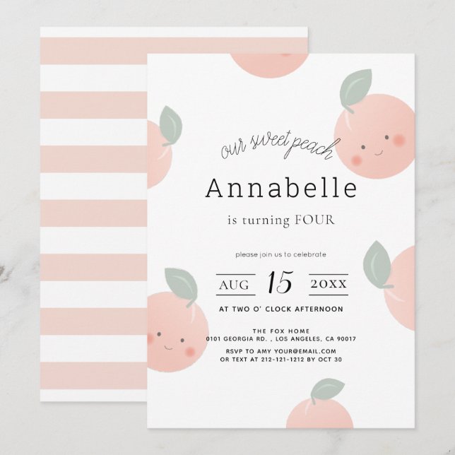 Invitación Peaches y Cream Cute Kawaii Chica Cumpleaños (Anverso / Reverso)