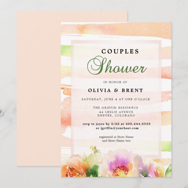 Invitación Peaches y duchas de Boda floral crema (Anverso / Reverso)