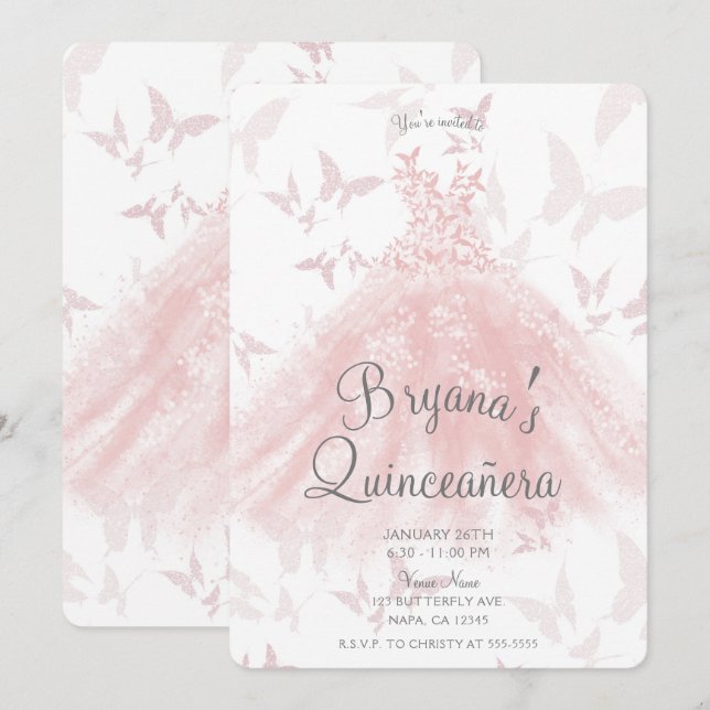 Invitación Peachic Mariposa Rosa Dance Dress Quinceañera (Anverso / Reverso)