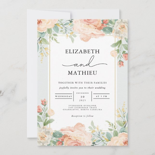 Invitación Peachy Floral Flourish Boda (Anverso)