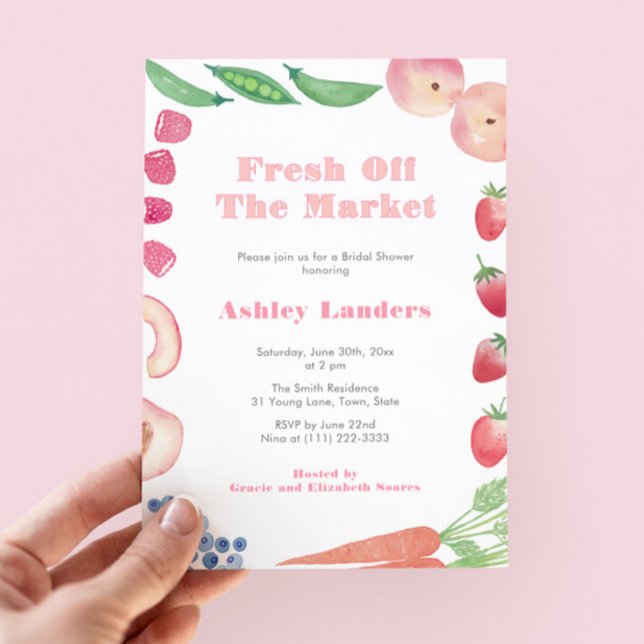 Invitación Peachy Pink Off The Market Bridal Shower (She's Fresh Off The Market! Watercolor Farmers Market Bridal Shower Invite With Peachy Pink accents)