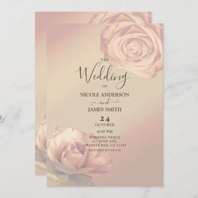 Invitación Peachy Pink Roses Elegante Boda Floral (Anverso / Reverso)