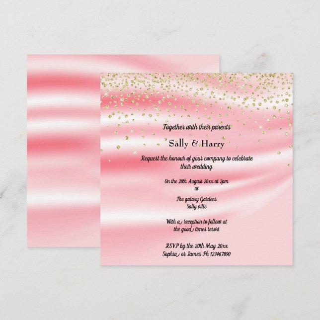 Invitación Peachy Pink Satin Sparkle Gold (Anverso / Reverso)
