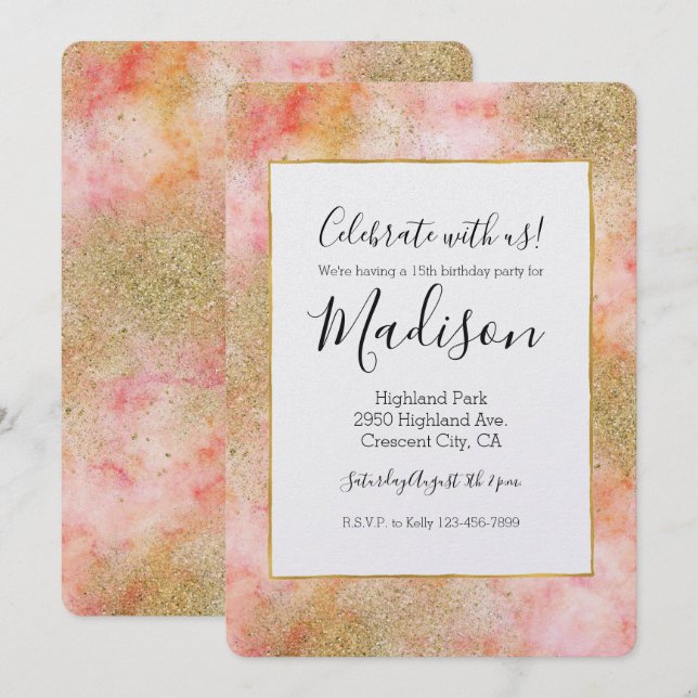 Invitación Peachy Pink Watercolor Gold Faux Purpurina (Anverso / Reverso)
