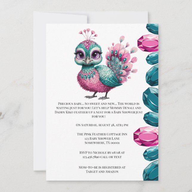 Invitación Peacock Baby Shower de bebé joven rosa y Verde azu (Anverso)