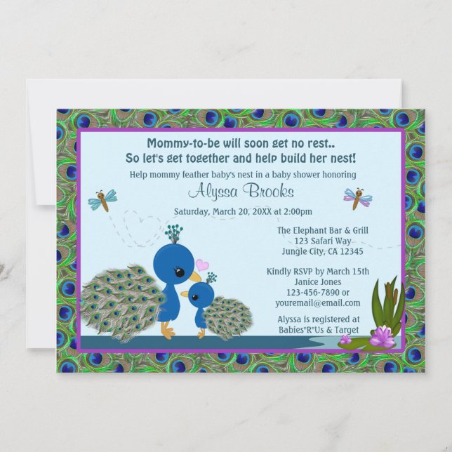 Invitación Peacock Baby Shower invita a los Chicas Niños #206 (Anverso)