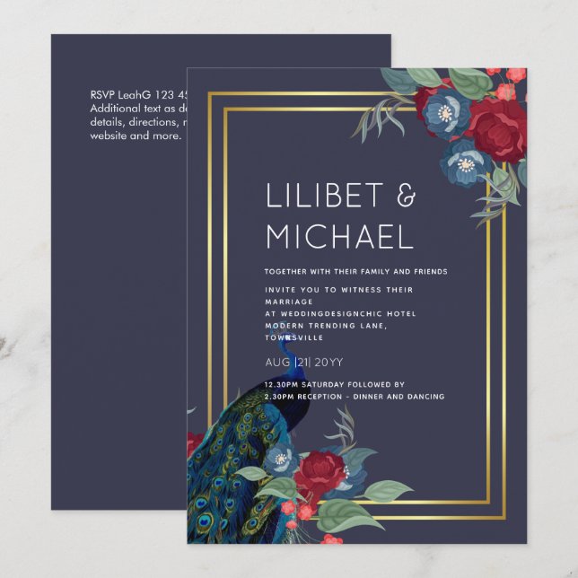 Invitación Peacock Blue Burgundy Winter Fall Wedding (Anverso / Reverso)