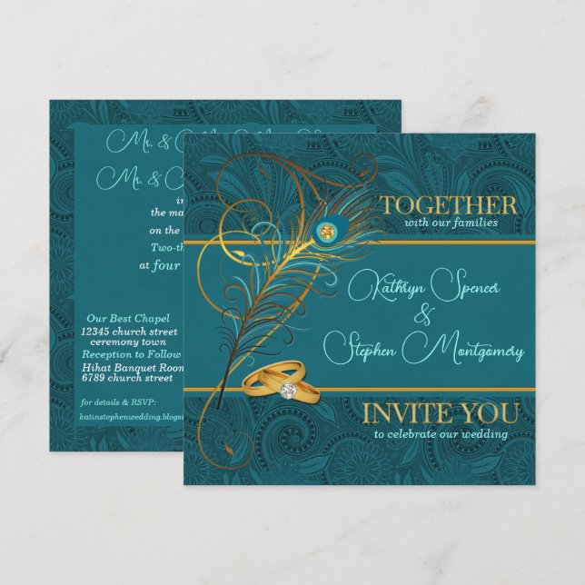 Invitación Peacock con Boda Verde azulado de acentos de oro (Anverso / Reverso)