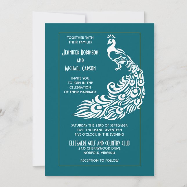 Invitación Peacock en negrita Verde azulado Diseño Art Decó (Anverso)