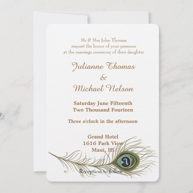 Invitación Peacock Feather Boda (Anverso)