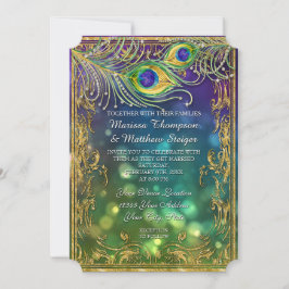 Invitación Peacock Feather Boda Antiguo Máscara Vintage Bokeh