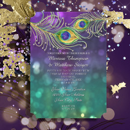 Invitación Peacock Feather Boda Jeweld Feathers Bokeh