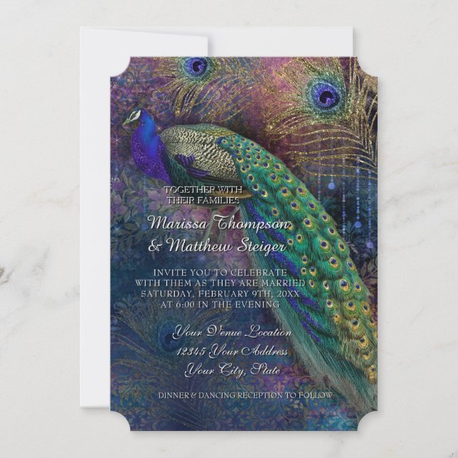 Invitación Peacock Feather Elegant Gold Boda de Invierno  (Anverso)