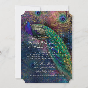 Invitación Peacock Feather Elegant Gold Boda de Invierno