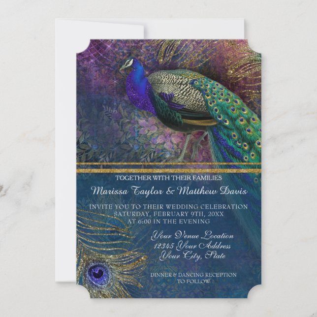 Invitación Peacock Feather Elegant Gold Winter Wedding Invit (Anverso)