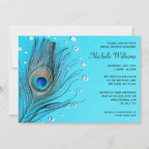 Invitación Peacock Feather Jewels Aqua Bridal Shower