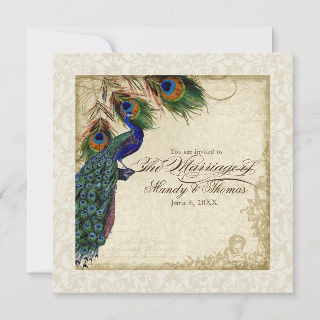Invitación Peacock & Feather Wedding Formal Invitan a Cream T (Anverso)