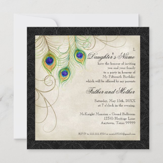 Invitación Peacock Feathers Black Damask Quinceanera Fiesta (Anverso)