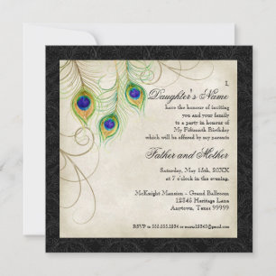 Invitación Peacock Feathers Black Damask Quinceanera Fiesta