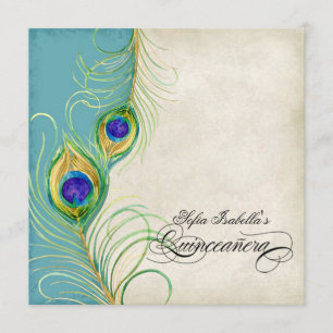 Invitación Peacock Feathers Black Damask Quinceanera Fiesta