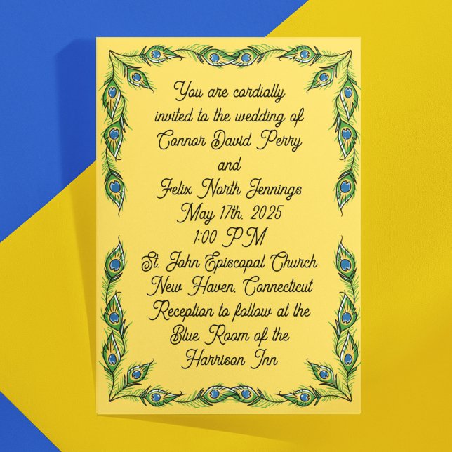 Invitación Peacock Feathers Boda Amarillo (Subido por el creador)