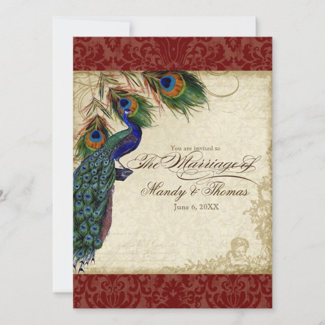 Invitación Peacock & Feathers Bodas Formales Invitan al Rojo (Anverso)