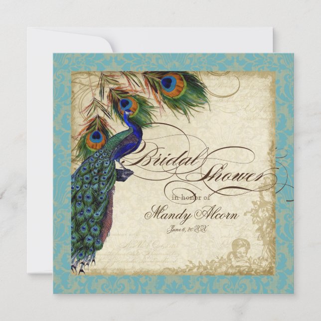 Invitación Peacock & Feathers Bridal Shower Invitan a Aqua Bl (Anverso)