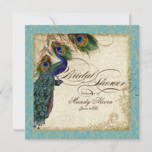 Invitación Peacock & Feathers Bridal Shower Invitan a Aqua Bl