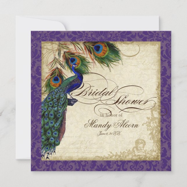 Invitación Peacock & Feathers Bridal Shower Invitan a Purple (Anverso)