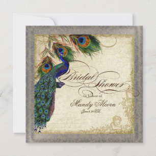 Invitación Peacock & Feathers Bridal Shower Silver Metálico
