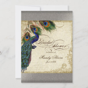 Invitación Peacock & Feathers Bridal Shower Silver Metálico