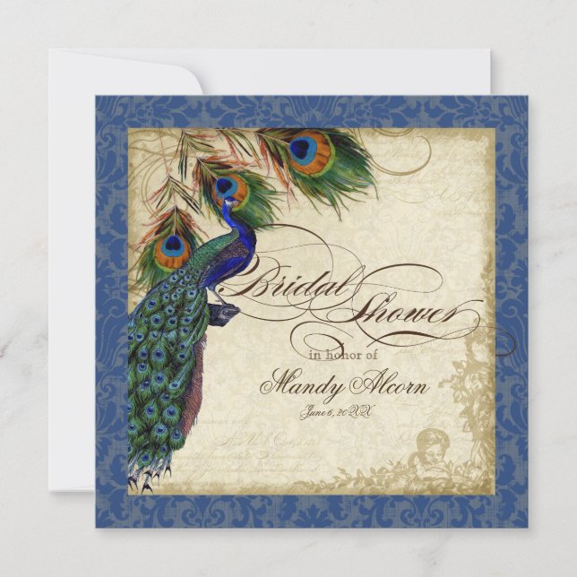 Invitación Peacock & Feathers Ducha Bridal Invitan a la Marin (Anverso)