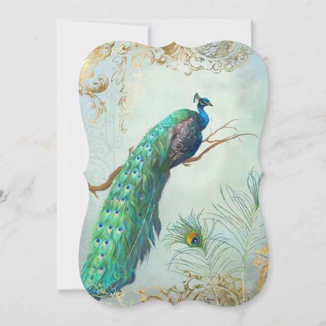 Invitación Peacock Feathers Elegante Boda azul Aqua Gold (Anverso)