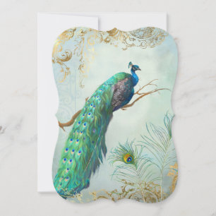 Invitación Peacock Feathers Elegante Boda azul Aqua Gold