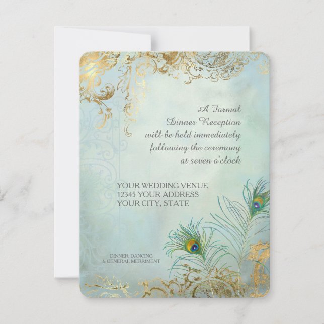 Invitación Peacock Feathers Elegante Boda Recepción de cena (Anverso)