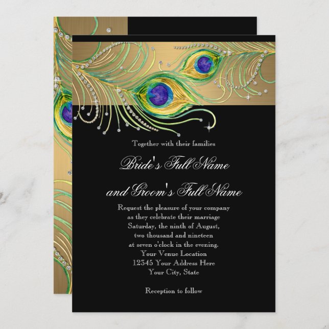 Invitación Peacock Feathers Gold n Black Modern Jewel Swirl (Anverso / Reverso)
