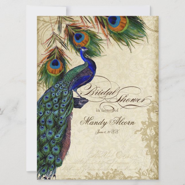 Invitación Peacock & Feathers Noche Ducha Té Stainded Card (Anverso)