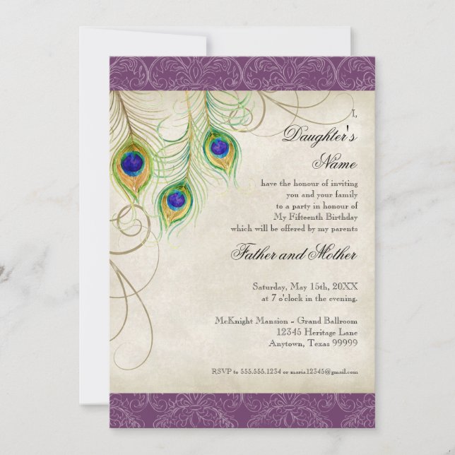 Invitación Peacock Feathers Purple Damask Quinceanera Fiesta (Anverso)