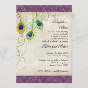Invitación Peacock Feathers Purple Damask Quinceanera Fiesta