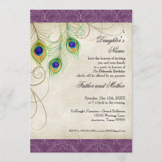 Invitación Peacock Feathers Purple Damask Quinceanera Fiesta